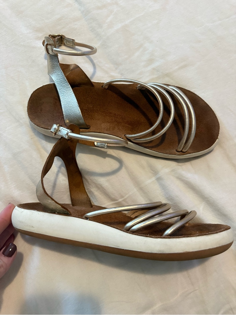 Ancient Greek Women’s Metallic Silver Strappy Ankle Sandals GUC 1260